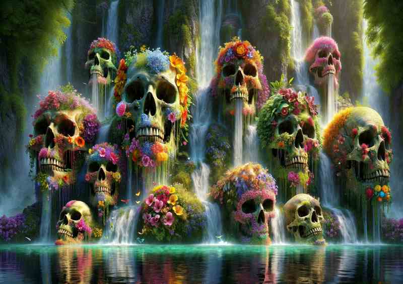 Skeletal Floral Cascade down a vibrant floral waterfall | Metal Poster