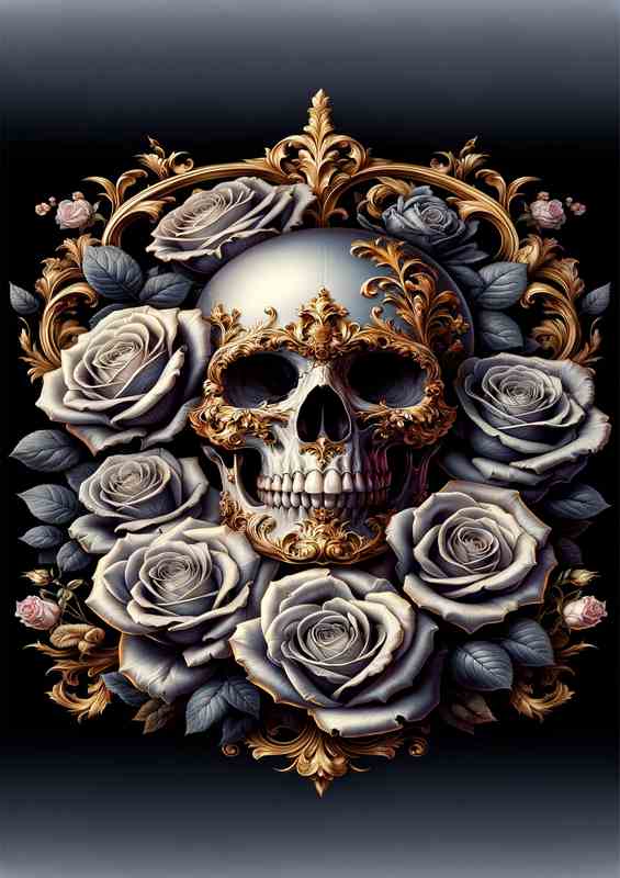 Elegant Baroque Skull Amidst Blooming Roses | Metal Poster