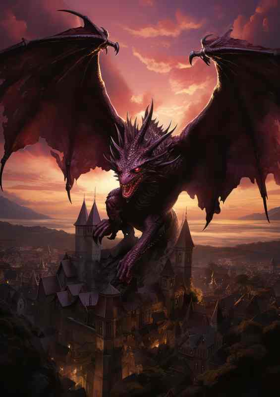 A Dragon flying high over the town and castle | Metal Poster