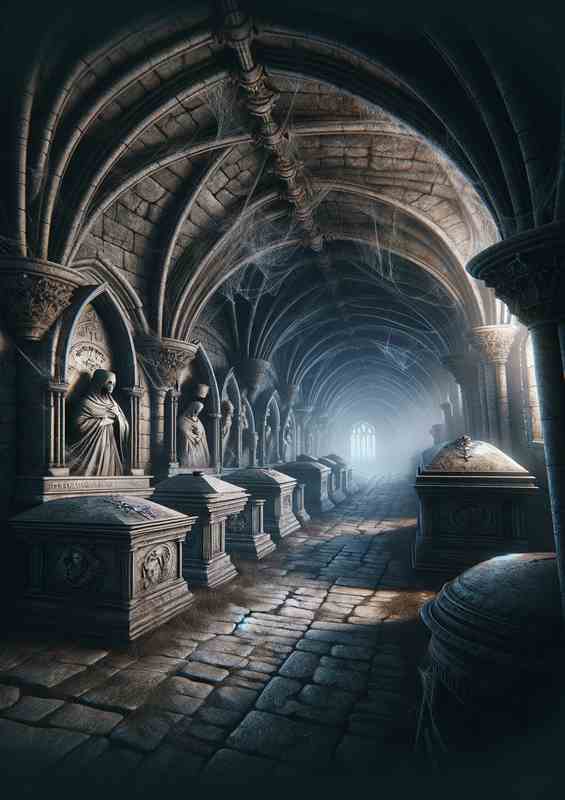 Forgotten Gothic Crypt Stone sarcophagi line the walls | Metal Poster