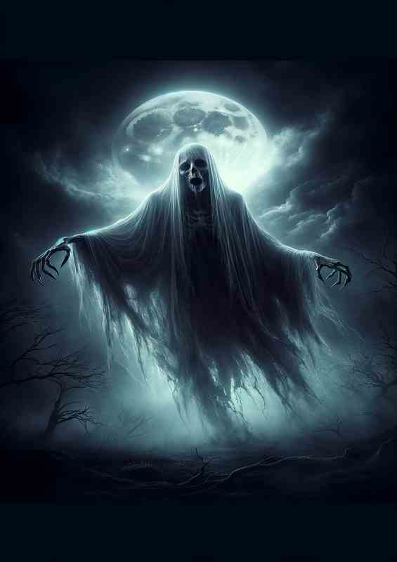 Haunting Spectral Ghost in Moonlit Night | Metal Poster
