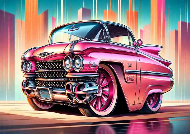 1959 Cadillac style in pink cartoon | Metal Poster