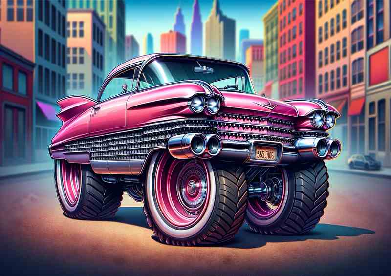1959 Cadillac with extremely exaggerated in pink | Metal Poster