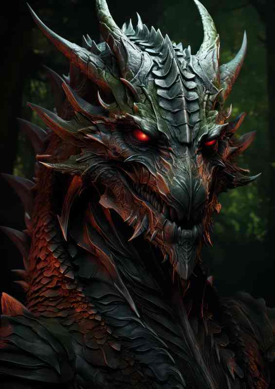 A green and red dragon with fanged teeth | Metal Poster