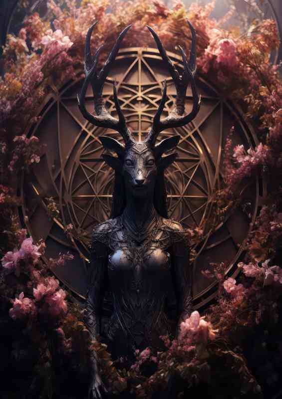 A pentagram is surrounded by trees and flowers | Metal Poster