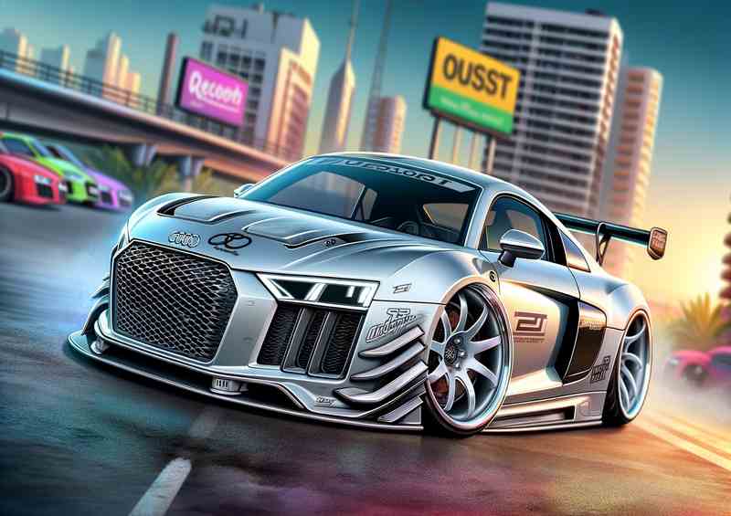 Audi R8 with extremely exaggerated features in silver | Metal Poster