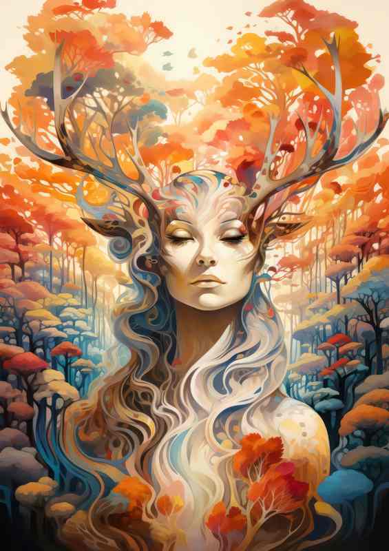 A woman with large horns in the autumn | Metal Poster