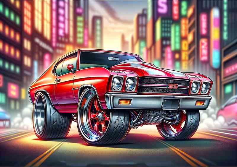Chevrolet Chevelle SS style in red cartoon big wheels | Metal Poster