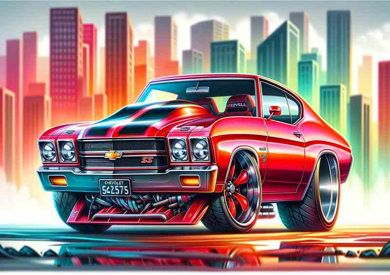 Chevelle SS Red Cartoon Metal Poster with Big Wheels