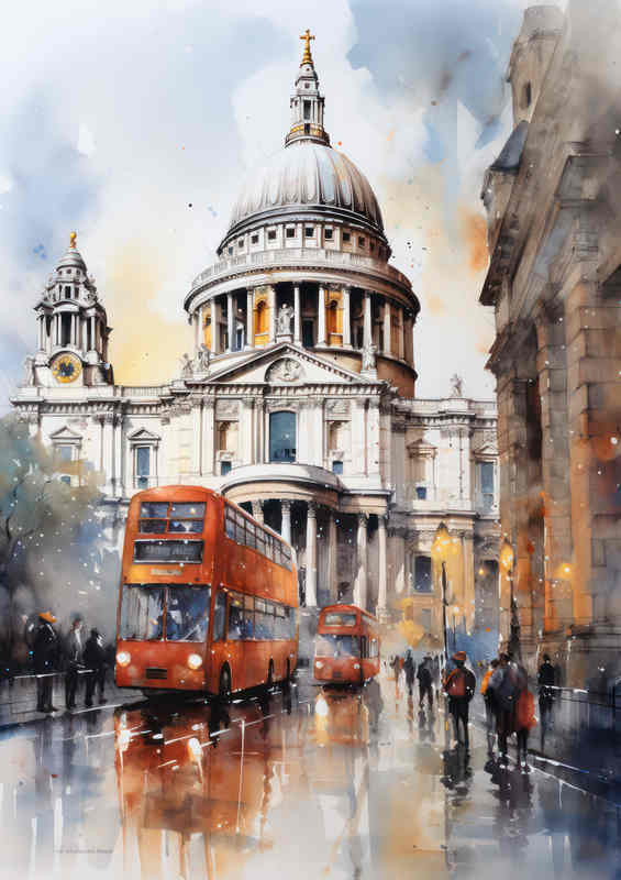 Saint pauls with a red london city bus on the street | Metal Poster