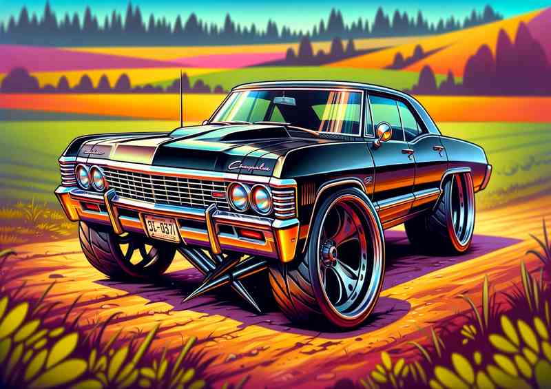 Chevrolet Impala style with big wheels cartoon | Metal Poster