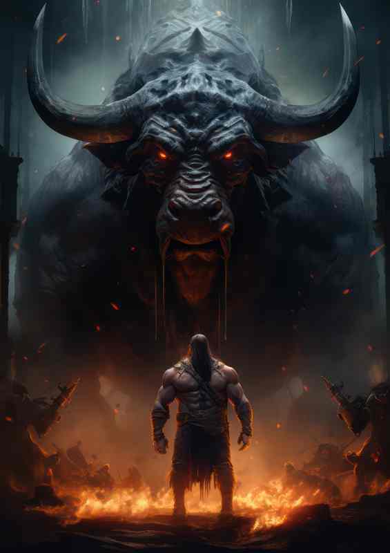 Bull in a fantasy battle vs man | Metal Poster