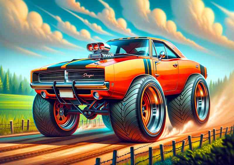 Dodge Charger style in orange with big wheels | Metal Poster