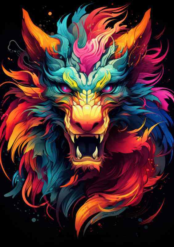 Colorful dragon head on black background | Metal Poster