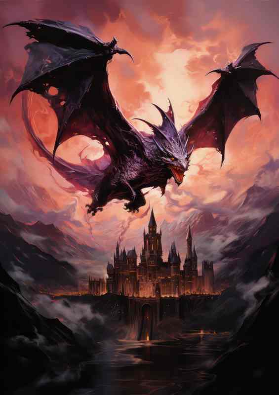 Dragon flying over a castle with fire skies | Metal Poster
