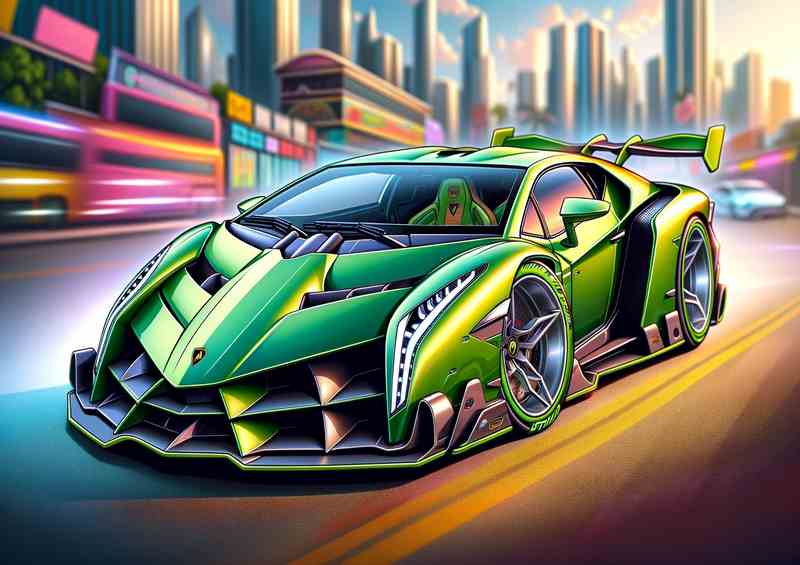 Veneno Green Metal Poster - Exaggerated Lamborghini Style