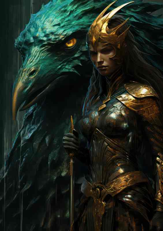 Green mermaid next to a crow | Metal Poster