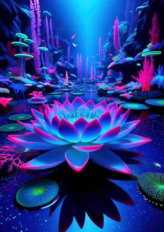 Deep Blue Lotus | Neon Pink Edges | Metal Poster