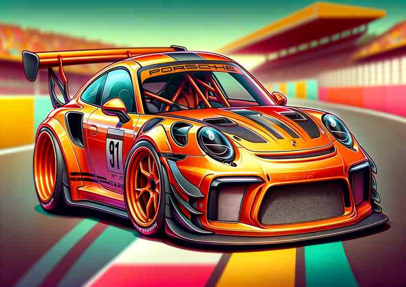 Porsche 911 GT3 RS style in orange cartoon | Metal Poster