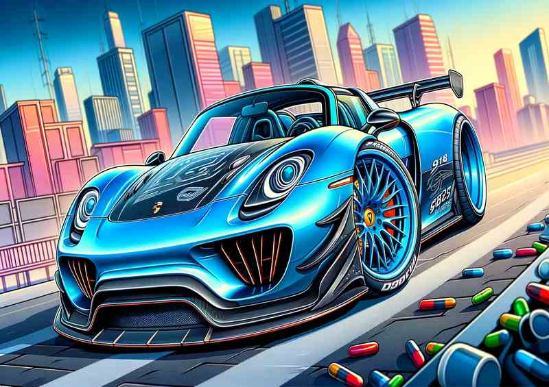 Porsche 918 Spyder style in blue cartoon | Metal Poster