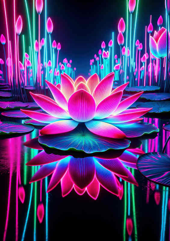 Lotus flower illuminated in neon pink and blue hues | Metal Poster