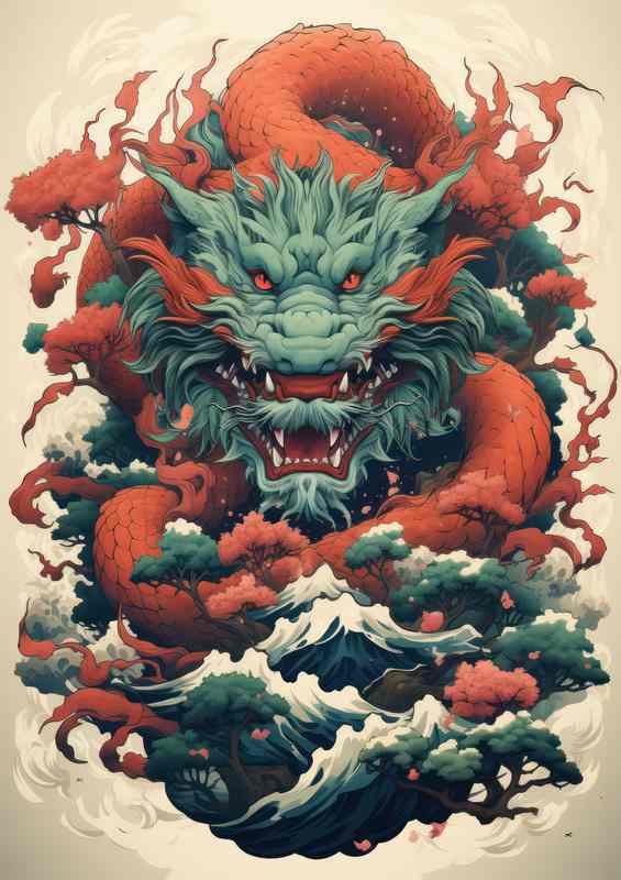 Japanese japan tree mountain art dragon overlooking | Metal Poster