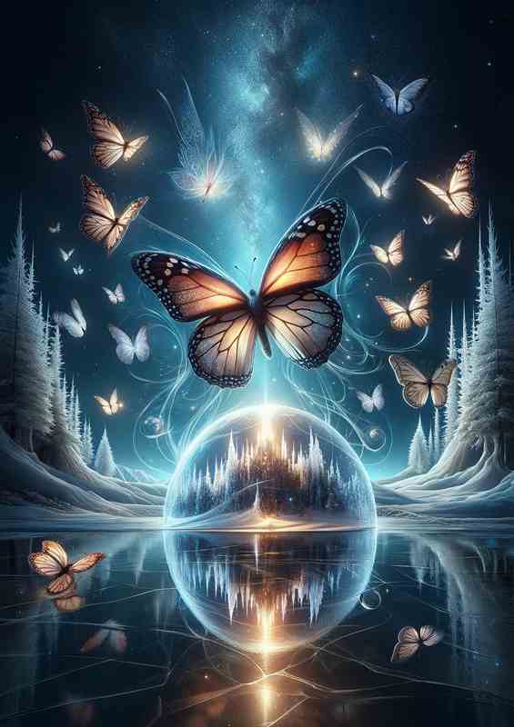 Enchanted Nighttime Butterfly Realm Scene | Metal Poster
