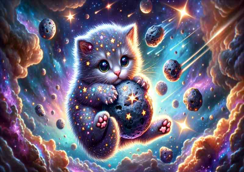 Cosmic Kitten Playing with Meteor Balls | Metal Poster