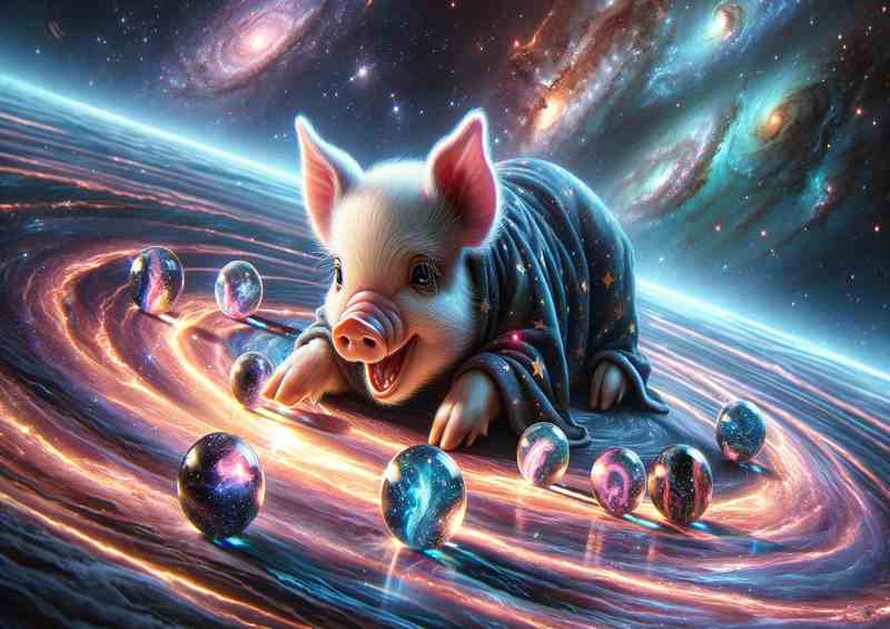 Interstellar Piglet Playing with Galaxy Marbles | Metal Poster
