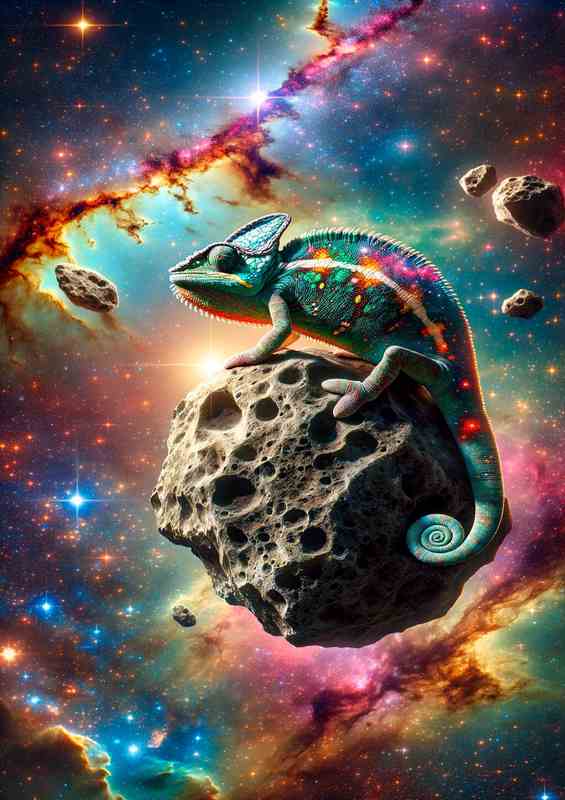 Cosmic Chameleon perched on an asteroid | Metal Poster