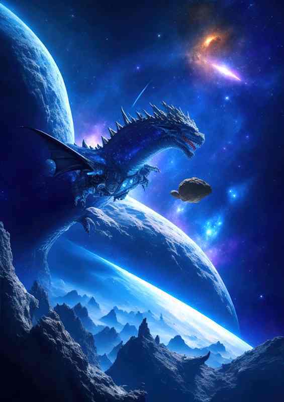 Mighty dragon flying throgh space | Metal Poster