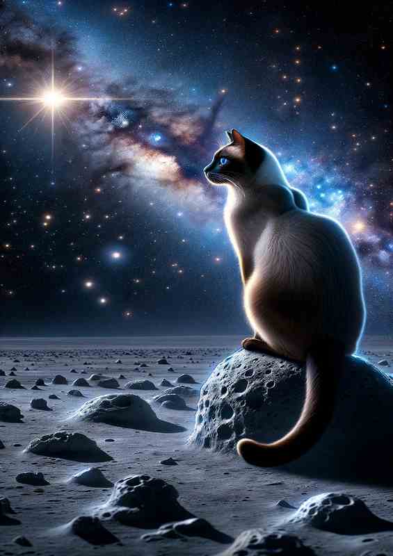 Interstellar Siamese Cat Contemplating a Star Cluster | Metal Poster
