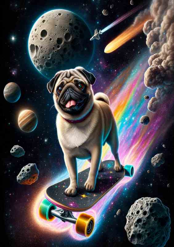 Space Pug on a Cosmic Skateboard | Metal Poster