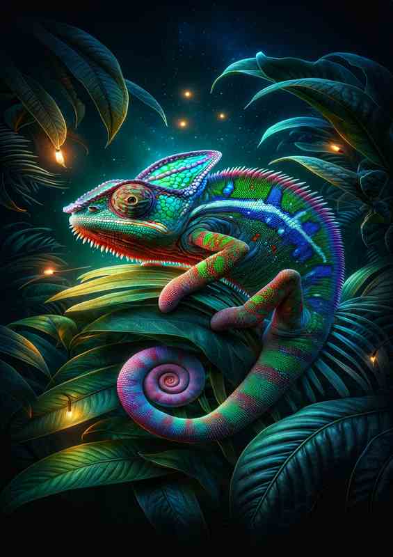 Vibrant Chameleon on Nocturnal Foliage | Metal Poster