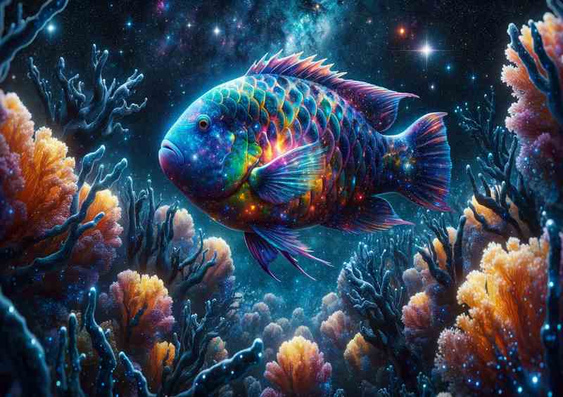 Cosmic Parrotfish Among Starry Corals swimming | Metal Poster