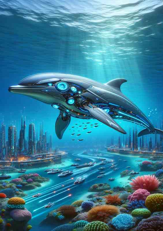 Futuristic Aquatic Guardian Oceans Mechanical Sentinel | Metal Poster