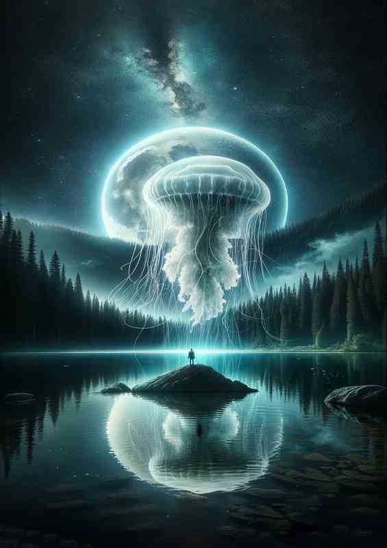 Jellyfish Orbiting Moon Over Lake at night | Metal Poster
