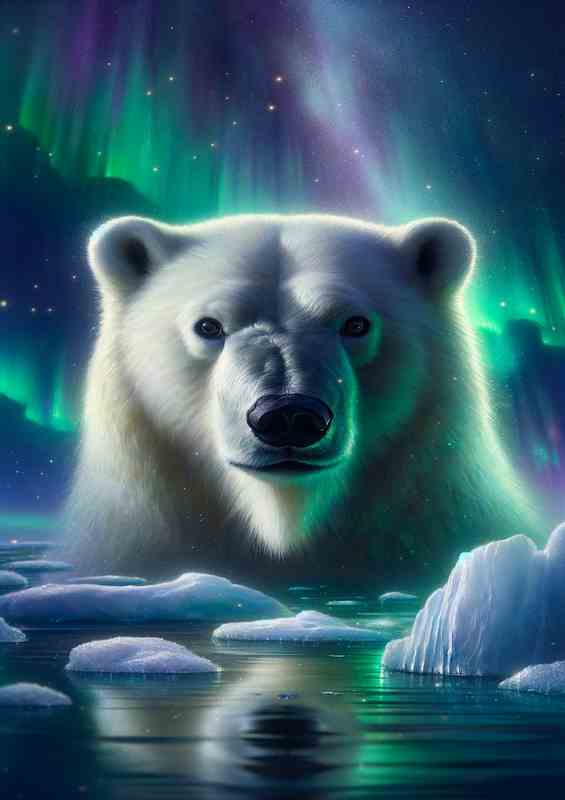 Northern Lights A Polar Bear on Ice Floes | Metal Poster