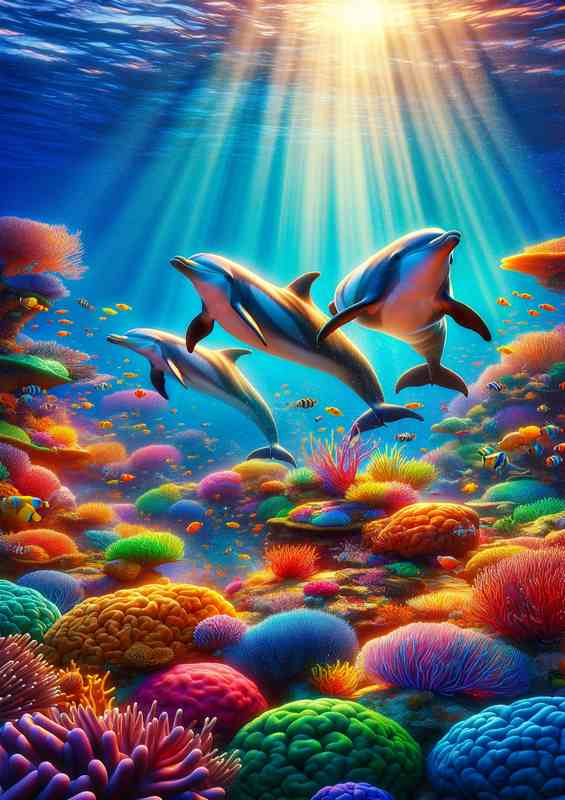 Rainbow Reef Dolphin Dance The dolphins skins gleam | Metal Poster