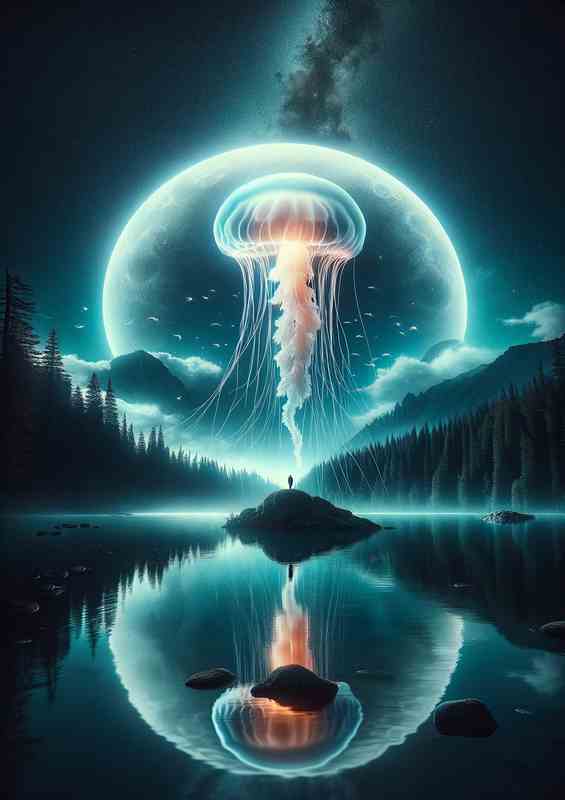Surreal Jellyfish Orbiting Moon Over Lake | Metal Poster