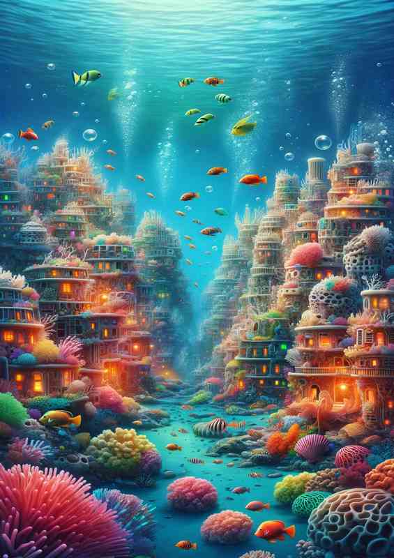 Whimsical Underwater Cityscape Metal Poster