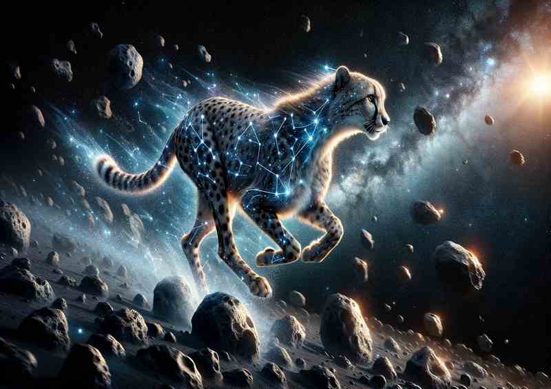 Celestial Cheetah Sprinting across an Asteroid Belt | Metal Poster