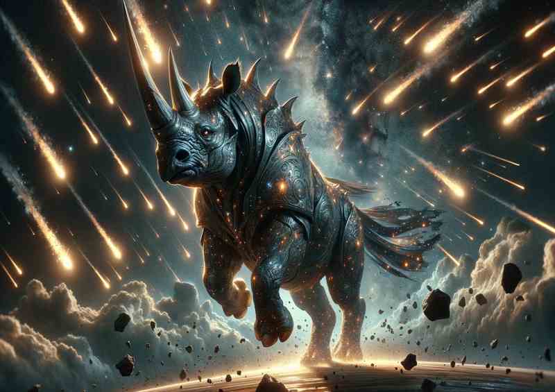 Celestial Rhino Charging Across Meteor Showers | Metal Poster