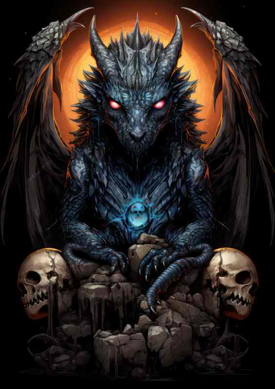 Small black dragon sitting on skull | Metal Poster