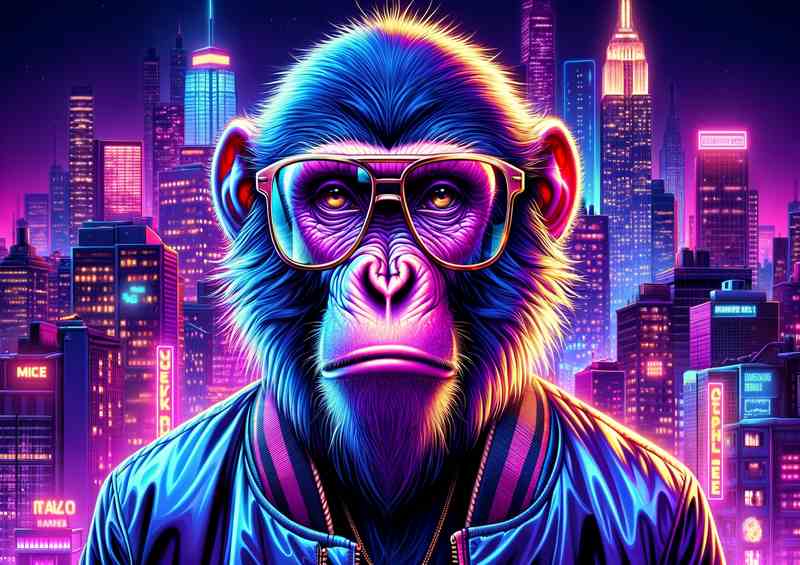 Neon Nightlife Ape Vibrant Monkey in Cityscape | Metal Poster