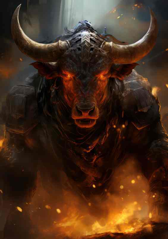 The Bull in battle with fire surrounding it | Metal Poster