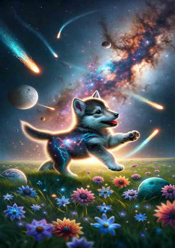 Cosmic Wolf Cub - Nebula Meadow Metal Poster