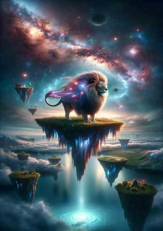 A majestic lion with a mane made of flowing galaxies | Metal Poster