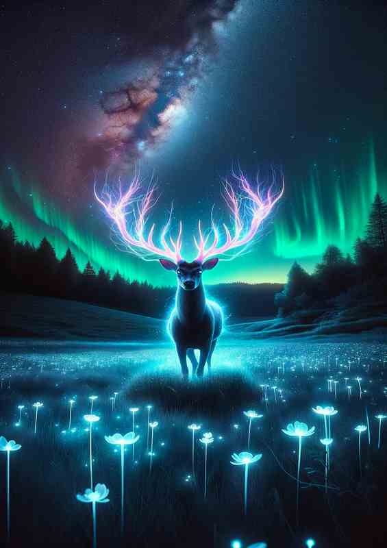 Cosmic Deer Aurora Light Metal Poster