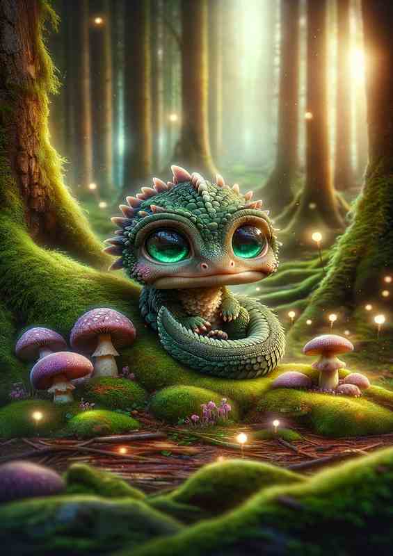 Cuddly Baby Basilisk in Enchanted Woods endearing eyes | Metal Poster